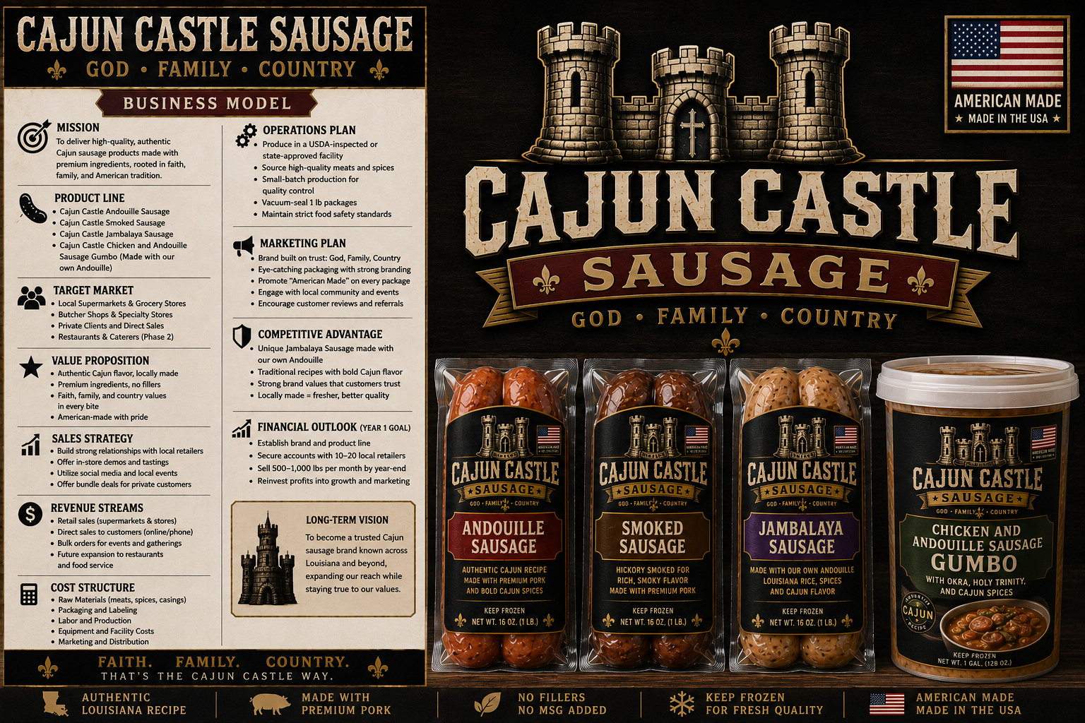 Cajun Castle logo with full American flag and Made in the USA badge